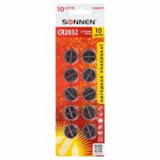 Батарейки литиевые SONNEN Lithium CR2032, «таблетки, дисковые, кнопочные», КОМПЛЕКТ 10 шт., блистер, 457143