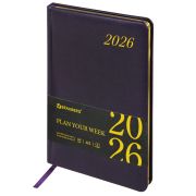 Еженедельник датированный 2026, А5, 145х215 мм, BRAUBERG «Iguana», под кожу, темно-фиолетовый, 117172