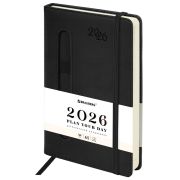 Ежедневник датированный 2026, А5, 138x213 мм, BRAUBERG «Optimal», под кожу, резинка, держатель для ручки, черный, 117465