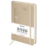 Ежедневник датированный 2026, А5, 138x213 мм, BRAUBERG «Optimal», под кожу, резинка, держатель для ручки, бежевый, 117467