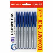 Ручки шариковые с грипом BRAUBERG «i-STICK POINT», НАБОР 6+2 ШТ., СИНИЕ, линия письма 0,35 мм, блистер, 144026