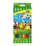 Карандаши цветные BRAUBERG «Football match», 12 цветов, шестигранные, грифель 3 мм, натуральное дерево, 180534