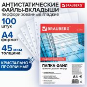 Папки-файлы перфорированные, А4, BRAUBERG «STANDARD», комплект 100 шт., гладкие, 45 мкм, 226831