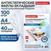 Папки-файлы перфорированные А4 BRAUBERG «STANDARD», КОМПЛЕКТ 100 шт., гладкие, 40 мкм, 229661
