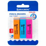 Ластики BRAUBERG «Color», НАБОР 3 штуки, 55х15х13 мм, прямоугольные, скошенные, блистер, 272672
