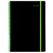 Тетрадь обложка пластик, А4 80 л., спираль пластик, резинка, клетка, BRAUBERG, черный/зеленый, 405383