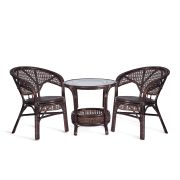 ТЕРРАСНЫЙ КОМПЛЕКТ «PELANGI» (стол со стеклом + 2 кресла) /без подушек/ ротанг, кресло 65х65х77см, стол диаметр 64х61см, walnut (грецкий орех)