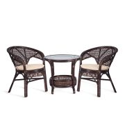 ТЕРРАСНЫЙ КОМПЛЕКТ «PELANGI» (стол со стеклом + 2 кресла) / с подушками / ротанг, кресло 65х65х77см, стол диаметр 64х61см, walnut (грецкий орех)