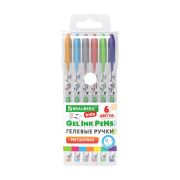 Ручки гелевые МЕТАЛЛИК BRAUBERG KIDS «CUTE ANIMALS», НАБОР 6 ЦВЕТОВ, корпус с печатью, узел 1 мм, линия письма 0,7 мм, 144440