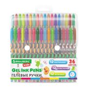 Ручки гелевые BRAUBERG KIDS «CUTE ANIMALS», НАБОР 36 ЦВЕТОВ, корпус с печатью, узел 1 мм, линия письма 0,7 мм, 144448