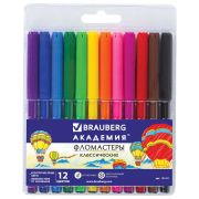 Фломастеры BRAUBERG «АКАДЕМИЯ», 12 цветов, вентилируемый колпачок, ПВХ упаковка, 151411