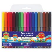 Фломастеры BRAUBERG «АКАДЕМИЯ», 18 цветов, вентилируемый колпачок, ПВХ упаковка, 151412