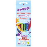 Фломастеры с блестками ЮНЛАНДИЯ 6 цветов, «ЮНЫЙ ВОЛШЕБНИК», ударопрочный наконечник, вентилируемый колпачок, картон, 151649