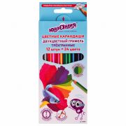 Карандаши цветные с двухцветным грифелем ЮНЛАНДИЯ «МОРСКИЕ ЖИТЕЛИ», 12 штук, 24 цвета, трехгранные, грифель 3 мм, натуральное дерево, 181587