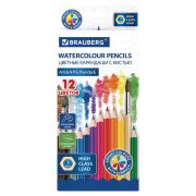 Карандаши цветные акварельные BRAUBERG 12 цветов с КИСТЬЮ, шестигранные, грифель 3 мм, натуральное дерево, 181848