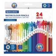 Карандаши цветные акварельные BRAUBERG 24 цвета с КИСТЬЮ, шестигранные, грифель 3 мм, натуральное дерево, 181849