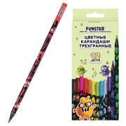 Карандаши цветные FUNSTER (ФАНСТЕР) МОНСТРИКИ, 12 цветов, черный корпус с принтом, трехгранные, 182065