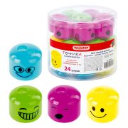 Точилка ПИФАГОР «Смайлики», 2 отверстия для чернографитных карандашей (в том числе утолщенных), с контейнером, пластиковая, ассорти, 228444