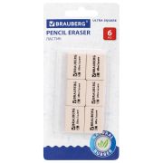 Ластики BRAUBERG «Ultra Square» 6 шт., размер ластика 29х18х8 мм, белые, натуральный каучук, 229603