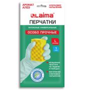 Перчатки МНОГОРАЗОВЫЕ латексные LAIMA, С АРОМАТОМ АЛОЭ, зеленые, хлопчатобумажное напыление, размер L (большой), вес 55 г, 700546