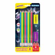 Набор ЮНЛАНДИЯ «Неончики», 8 карандашей чернографитных HB + 2 ластика, блистер, 181783