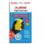 Перчатки МНОГОРАЗОВЫЕ латексные LAIMA «БИКОЛОР» черно-красные, ОСОБО ПРОЧНЫЕ, хлопковое напыление, размер XL (оч. большой), вес 64 г, 700540