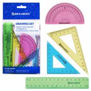 Набор чертежный малый BRAUBERG «Crystal» (линейка 15 см, 2 угольника, транспортир), цветной, 210295