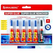 Клей моментальный Суперклей 5 шт. по 3 г + «Антиклей» в подарок, BRAUBERG EXTRA, 608107