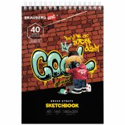 Скетчбук, белая бумага 160 г/м2, 140х201 мм, 40 л., гребень, подложка, BRAUBERG ART CLASSIC, «Граффити», 115069