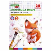 Бумага для акварели БОЛЬШАЯ А3 в папке, 20 л., 200 г/м2, индивидуальная упаковка, BRAUBERG KIDS, «Лисичка», 115155