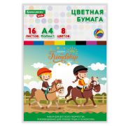Цветная бумага А4 офсетная, 16 листов, 8 цветов, папка, индивидуальная упаковка, BRAUBERG KIDS, 200х290 мм, «Друзья», 115162