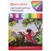 Картон цветной А4 МЕЛОВАННЫЙ (глянцевый), 12 листов 12 цветов, в папке, BRAUBERG, 200х290 мм, «Килиманджаро», 129917