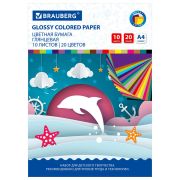 Цветная бумага А4 ДВУХЦВЕТНАЯ МЕЛОВАННАЯ, 10 листов, 20 цветов, в папке, BRAUBERG, 200х280 мм, «Дельфин», 129923