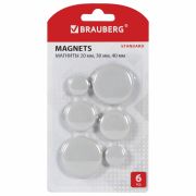 Магниты BRAUBERG «STANDARD», НАБОР 20 мм - 2 шт., 30 мм - 2 шт., 40 мм - 2 шт., серые, BRAUBERG, 237473