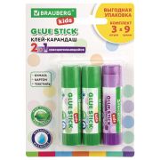 Клей-карандаш «2+1 обесцвечивающийся» 9 г, КОМПЛЕКТ 3 шт./блистер, BRAUBERG KIDS, 271712