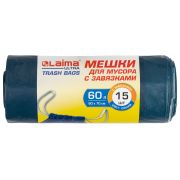 Мешки для мусора с завязками LAIMA «ULTRA», 60 л, синие, рулон 15 шт., особо прочные, ПСД 30 мкм, 60х70 см, 607696