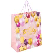 Пакет подарочный (1 штука) 26x13x32 см, ЗОЛОТАЯ СКАЗКА «Happy Birthday», фольга, розовый, 608238